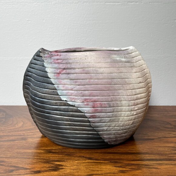 Ceramic Clay Vase Abstract Shape Handmade Black Gray Pink Author's Initials - Picture 2 of 15